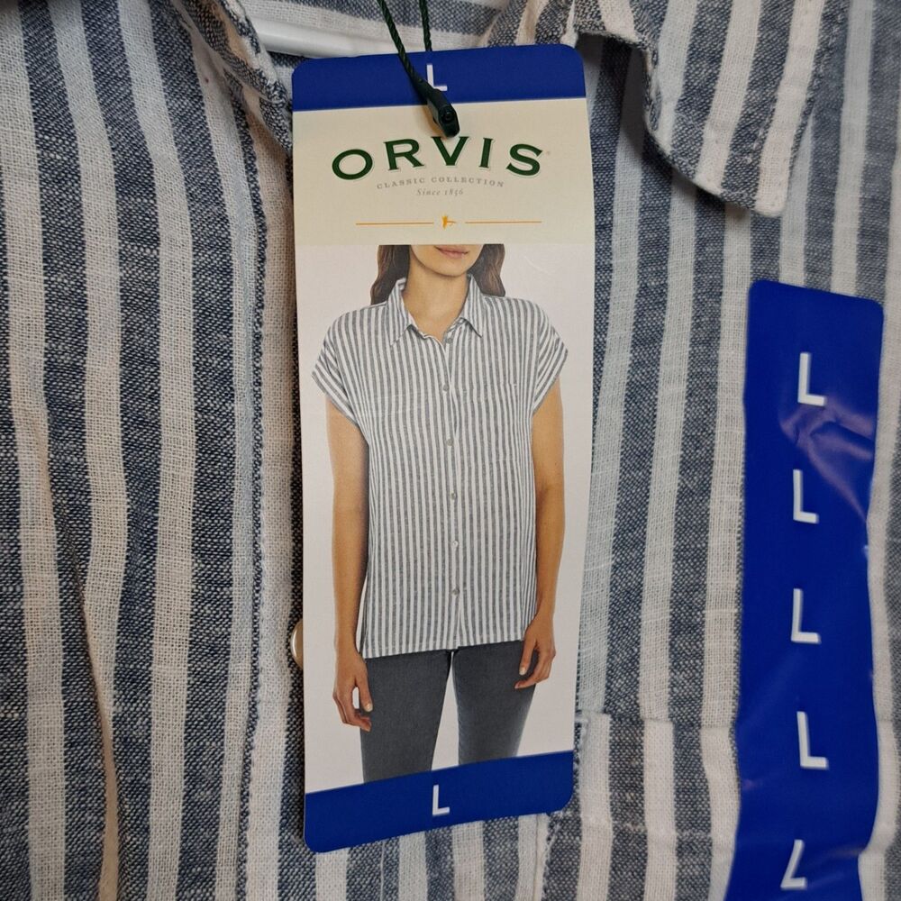 NEW Orvis Linen Blend Women Shirt Short Sleeve Blue Stripe Lightweight Size L - Picture 5 of 10